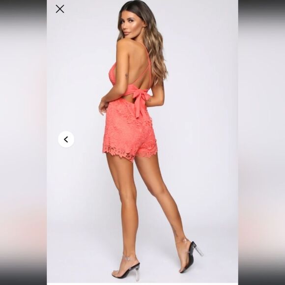 Fashion Nova Vibrant Coral (Orange/Pink) Lace Romper Size Large - Picture 4 of 8